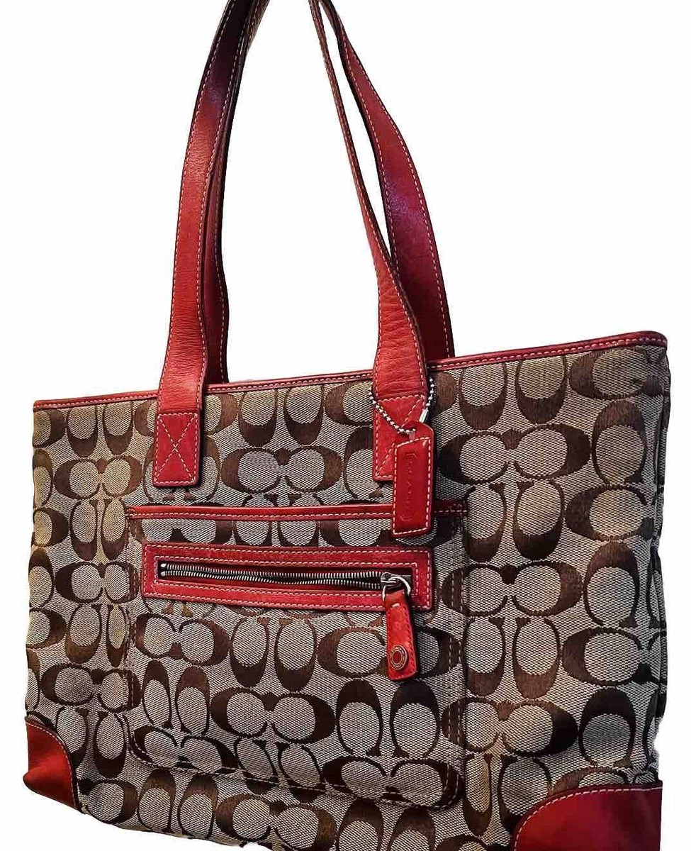 バッグ COACH COACH SIGNATURE TOTE SATCHEL BAG RED LEATHER TRIPLE 2FRONT