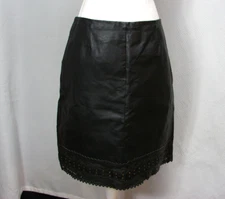 Metro Style Black Leather Knee Length Skirt Studded Eyelet Lace Cutout Detail 14