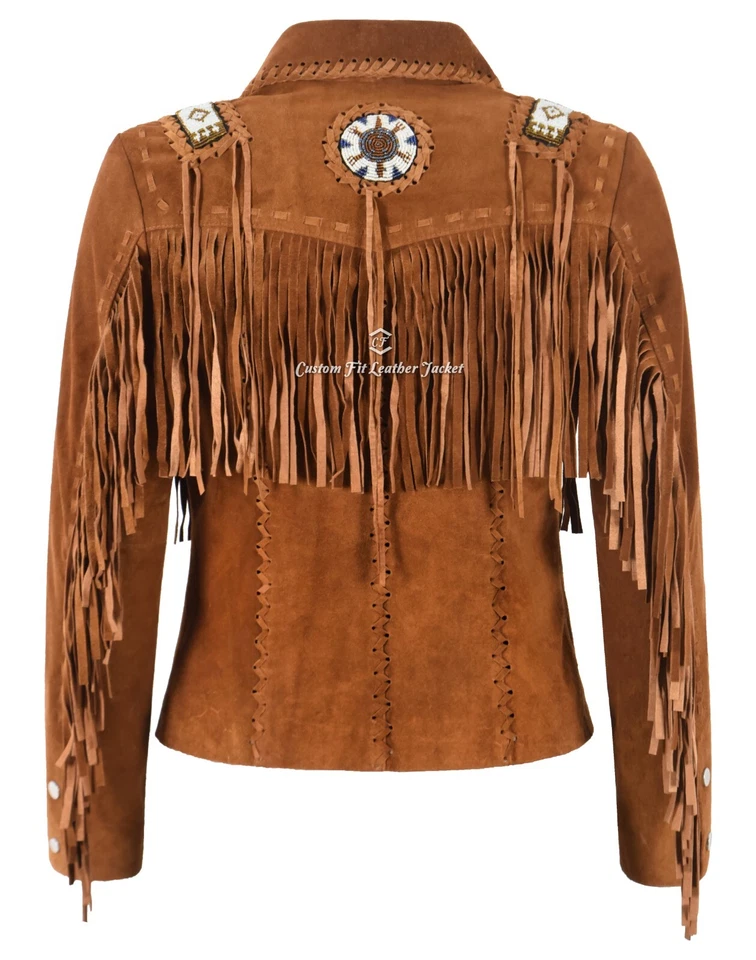 Women's Western Cowgirl Suede Shirt Fringes With Beads Style Real Leather Jacket - Image 4 of 4