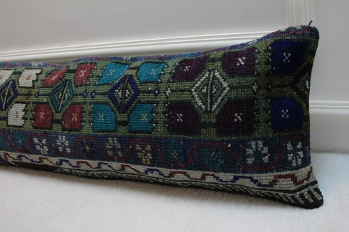 Ethnic Design Rug Pillow, 12x36 inc Long Lumbar Pillow Case, Organic Wool Anatol - Picture 6 of 11