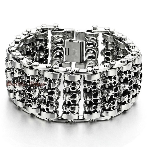 Men's Heavy Skull Motorcycle Biker Chain Stainless Steel Bracelet 35mm Wide - Picture 4 of 11