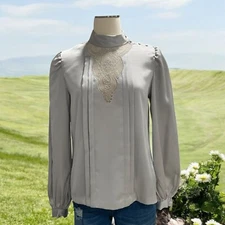 Vintage Alyce High Neck Victorian Style Blouse Silver Satin Lace Panel Size 12