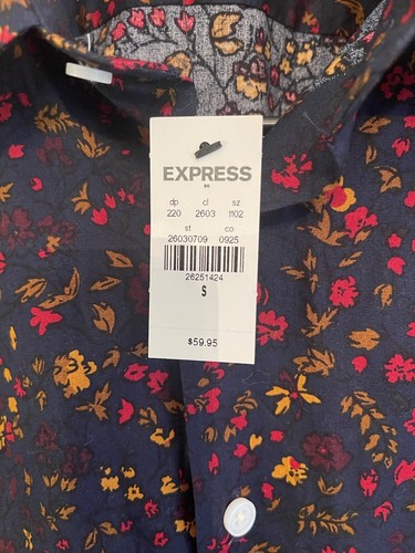 NWT Men Express Small Foral Black button-up shirt New With Tags Classic 14x14.5 - Picture 3 of 8