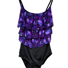ROBBY LEN One Piece Swimsuit Size 14 Black Purple Mesh Ruffle Womens Swimwear