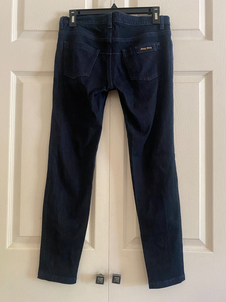 【関税込み】MiuMiu Jeans with leather inserts Miu Miu Logo Patch Wide Leg Jeans in Blue | LN-CC
