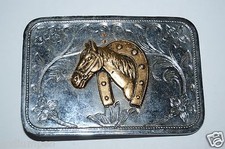 WOW Vintage Western Equestrian Lucky Horseshoe Horse Head Chrome Belt Buckle