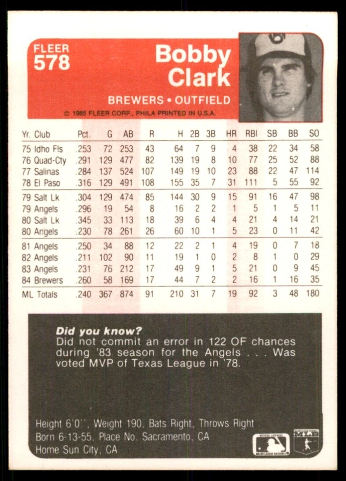 1985 Fleer Bobby Clark Baseball Cards #578 - Image 2 of 2