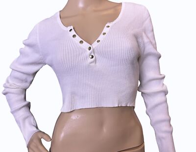 NWT 2Bella Cropped Ribbed Stretch Long Sleeve Top Snap Front L White Y2K Style