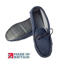 Ladies Moccasin Slippers Blue Hard Sole Real Suede Check Lining Cooper Footwear
