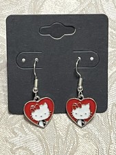 Hello Kitty Whimsical Heart Charm Silver Drop Dangle Adorable Fashion Earrings
