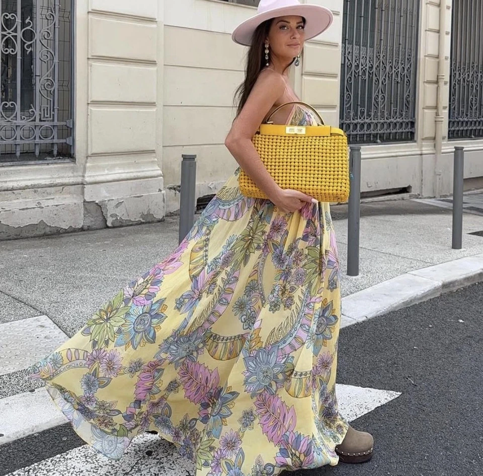 Zara ZW Collection Long Maxi Floral Print Dress Yellow Size S 3193/123