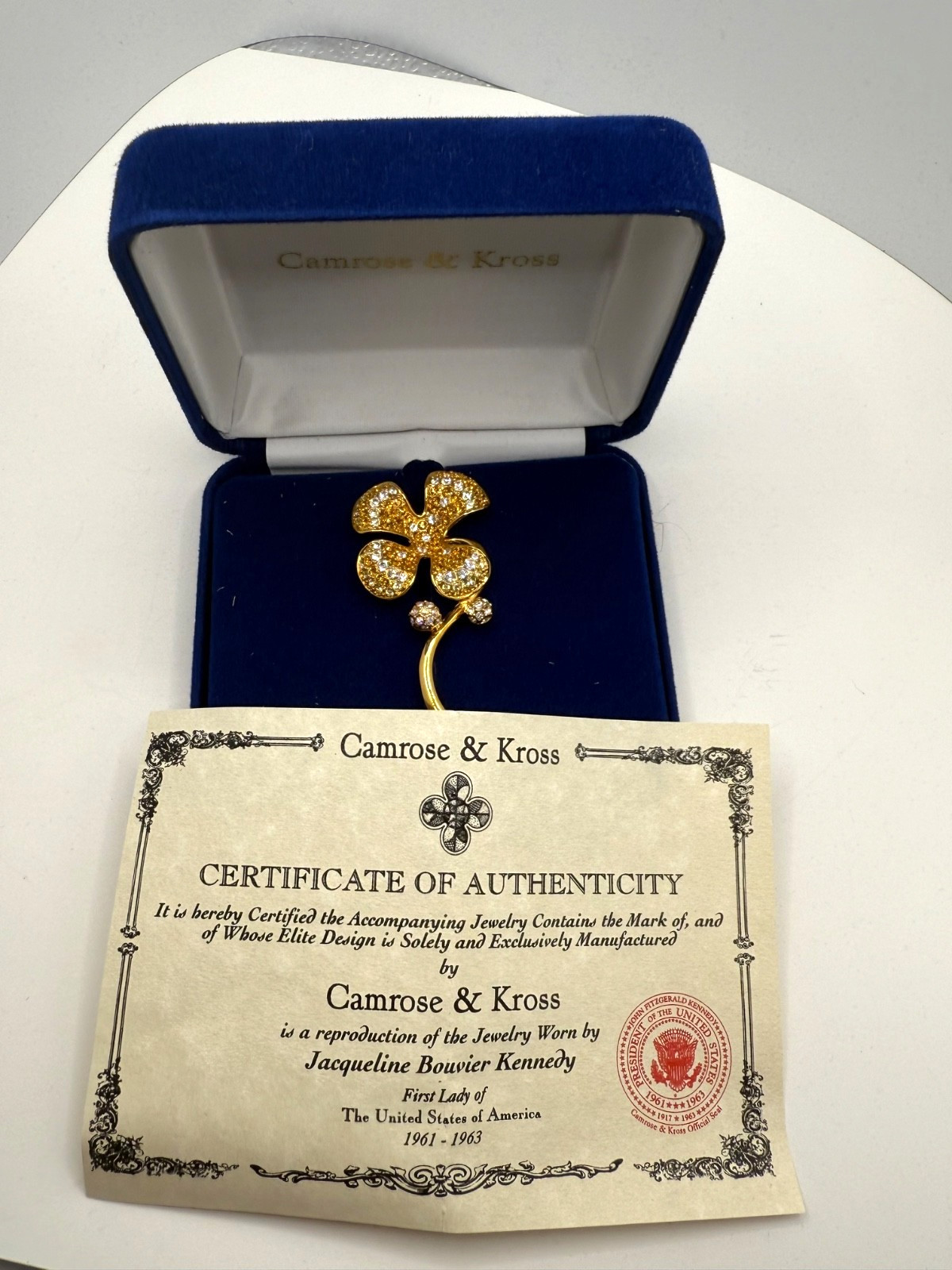 Camrose Kross JBK Flower Brooch Rhinestone Orange Gold tone Signed Boxed