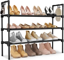 3 Tier Shoe Rack for Closet, Shoe Organizer with 5 Hooks, Long Shoe Shelf Storag