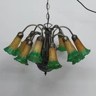 Meyda Tiffany Pond Lily Chandelier 12 Light Amber Green Glass Shade Vintage