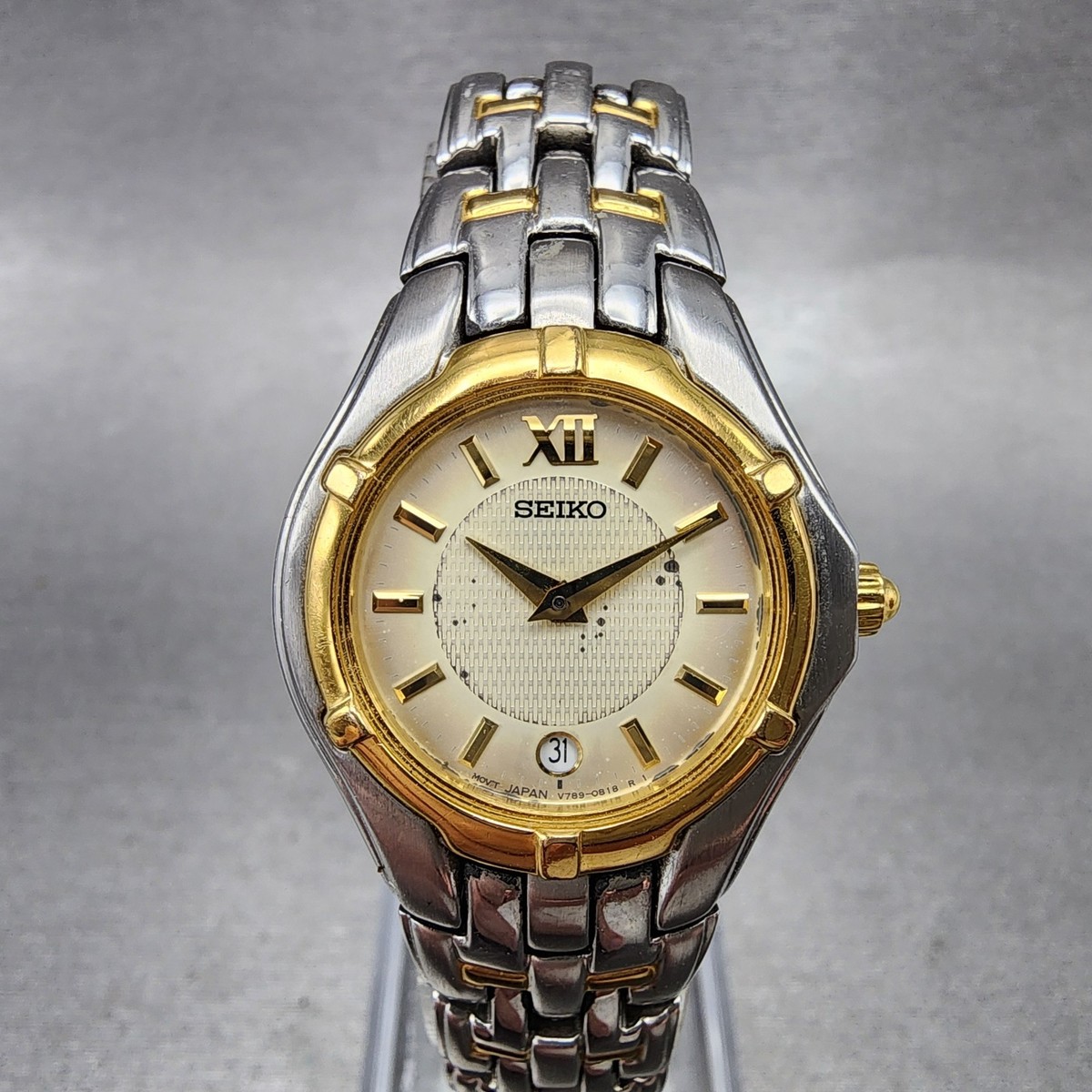 Seiko Watch Women 26mm Champagne Dial Two Tone Date V789-0369 New