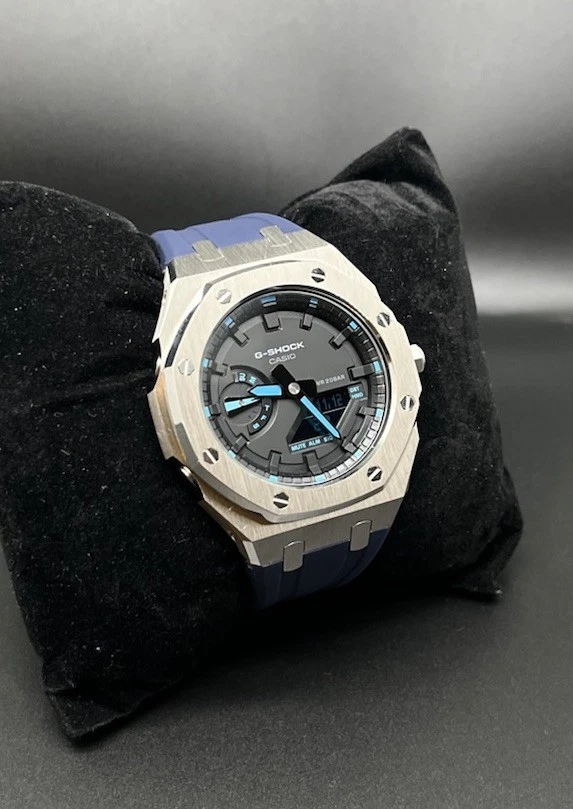 Custom G-Shock GA-2100 Blue Watch with Metal Case and Rubber Strap - Image 2 of 4