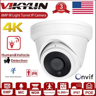 Vikylin 4K 8MP IR Turret Security IP Camera POE IR30m MIC Human Vehicle Detect