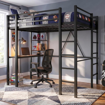 SUNLEI Full Size Metal Loft Bed Frame with Desk, Loft Bed with 2 Built-In Ladder