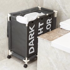 Laundry Basket Hamper Clothes Bin Organiser Light Dark Colour 3Section on Wheels