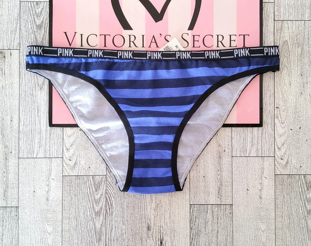 NWT Victoria's Secret PINK Striped Blue Old Style Bikini Panties Logo Band