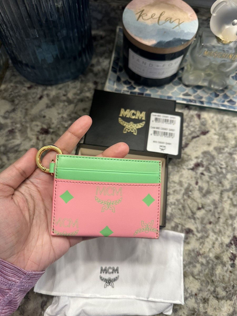 MCM Green Pink Splash Logo Credit Card Holder Wallet Case W/Dust