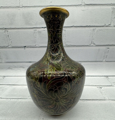 Vintage Cloisonne Vase 7.5'' Peony Lotus Flowers Enamel Brown Red Green Blue