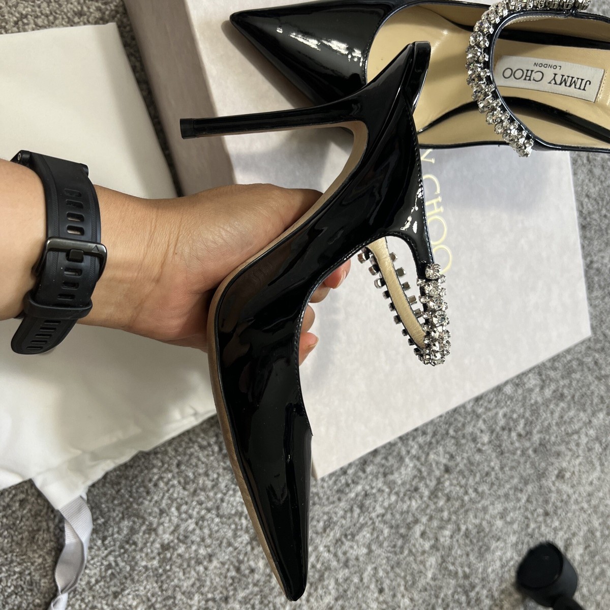 Jimmy Choo Bing 100 Black Patent Leather Mules with Crystal Strap