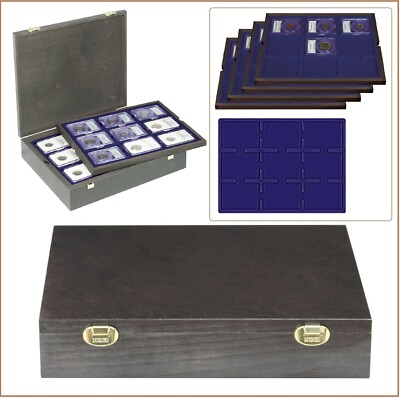 Lindner 2494 19M Carus 4 Wood Coin Case 4 Tab 2219ME Blue For 36 US Slabs