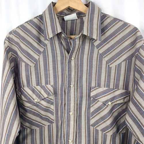 Vintage Western Frontier Pearl Snap Shirt Mens Size Medium Blue Brown Stripes - 第 3/7 張圖片