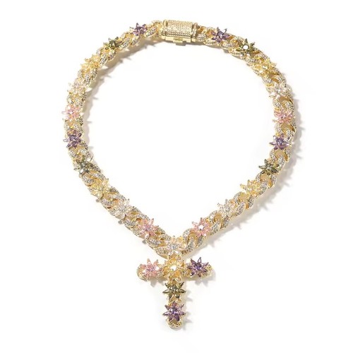 Colorful Flower Cuban Chain Full Paved Iced Out Bling Cubic Zirconia Cross Charm - Picture 8 of 13