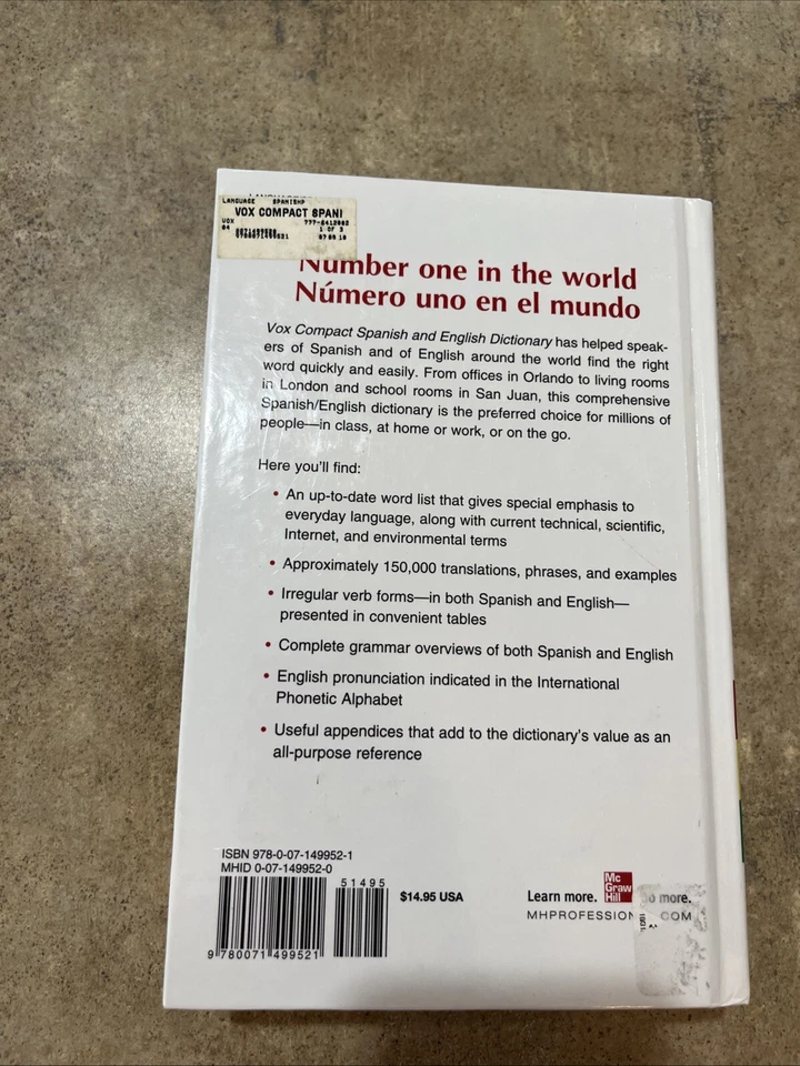 Vox Compact Spanish & English Dictionary, 3E HC Hardcover Vox - Image 2 of 2