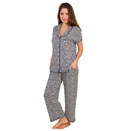 Conjunto de pijama Tamsy Jersey cuello reverberante botón duradero - blanco y negro