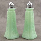 Jadeite GREEN Glass Floral SALT & PEPPER Shaker Set Mayfair Depression Style