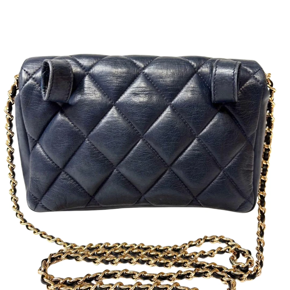 Chanel Azul Marino Acolchado Giratorio Cadena Hombro Cintura Bolsa Cuero Raro MMRf61 Foto 4 de 4