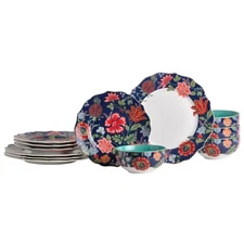 222 Fifth 12-Piece Porcelain Dinnerware Set for 4, White & Parisian Blue Plat...