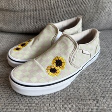 Vans Asher Checkered Girls Size 4 Embroidered Sunflower Slip On Excellent