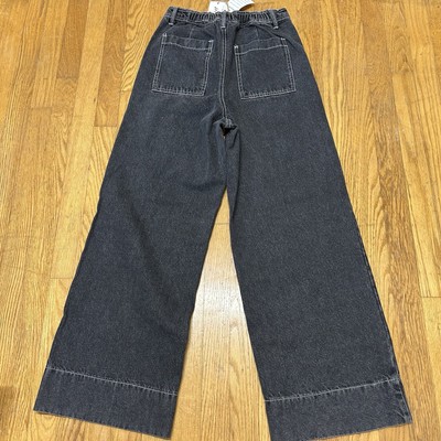no brand Womens Size medium Wide Leg Seam Details Black  jeans Elastic Waist .