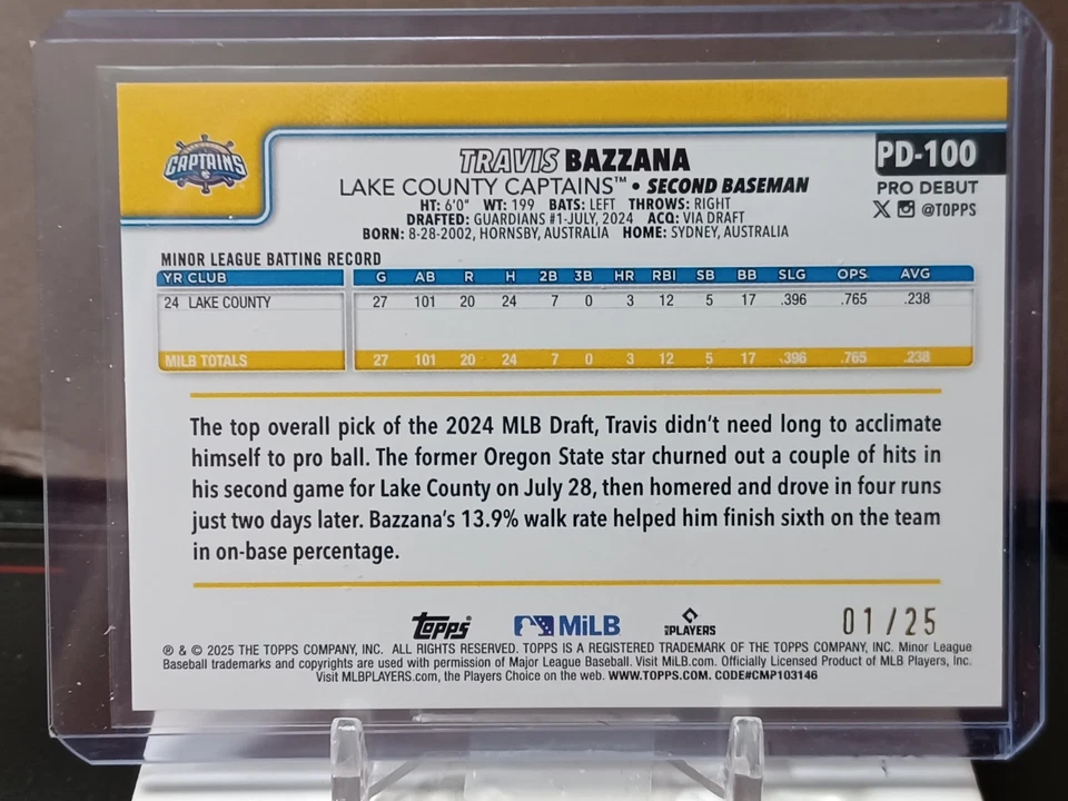 TRAVIS BAZZANA ORANGE PARALLEL #1/25  - GUARDIANS #1 PICK - 2025 TOPPS PRO DEBUT - Image 2 of 2