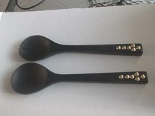 Godinger Salad Servers 2-Pc Fork Spoon Set Black Wood Brass Studded Handles NIB