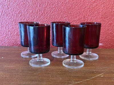 Vintage 4  Luminarc ARCOROC FRANCE Ruby Red Cordial Cocktail Wine Glass Set 5