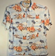 Island Shores Hawaiian Shirt Men's XL Blue Palm Tree Pineapple Hibiscus Rayon