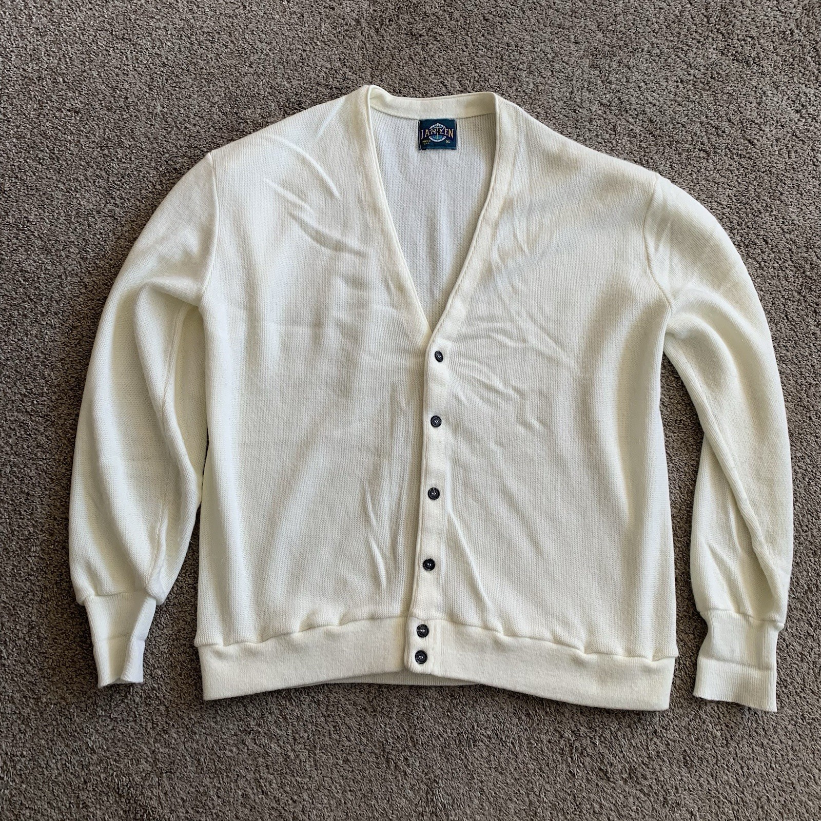 Vintage Jantzen Mens XL Cream Cardigan Sweater Made In USA Grandpa Knit Cotton