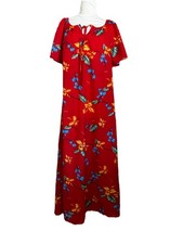 True VINTAGE Made In Hawaii MuuMuu Maxi Dress Luau Red Floral Roomy Large