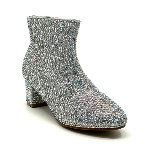 Girls Rhinestone Boots Low Heel Dress Booties Iceberg-12K Shoes Silver Rhines...