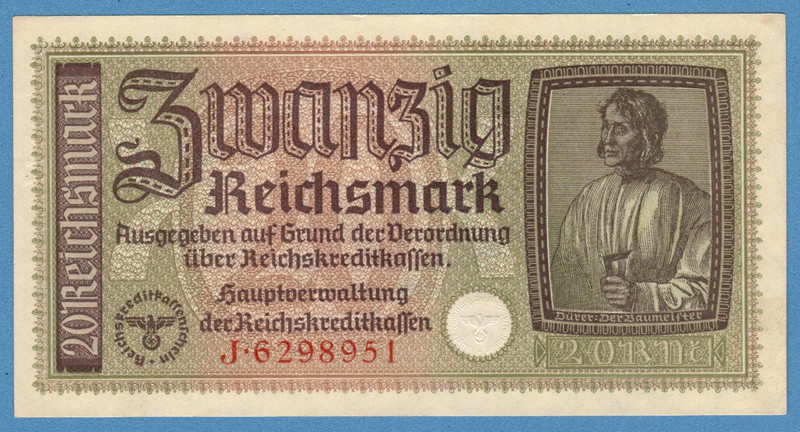 1940-45 GERMANY OCCUPIED TERRITORIES 20 RM EAGLE W/H SWASTIKA aUNC 901