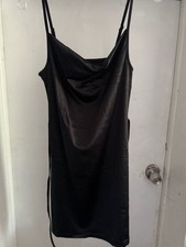 Black Satin Cowl Neck Slip Mini Dress with Adjustable Straps and Tie Back