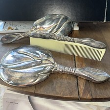 Vtg Godinger Silver Plated Vanity 3 Pcs Set Hand Mirror Brush Comb Floral Design