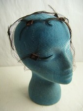 Vintage 50-60s Dark Brown Feathers Velvet Patches Veil Hat