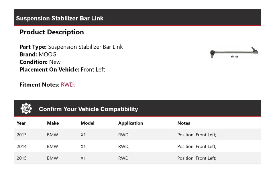 Barra estabilizadora de suspensión delantera izquierda MOOG 2013-2015 BMW X1 RWD Foto 2 de 4