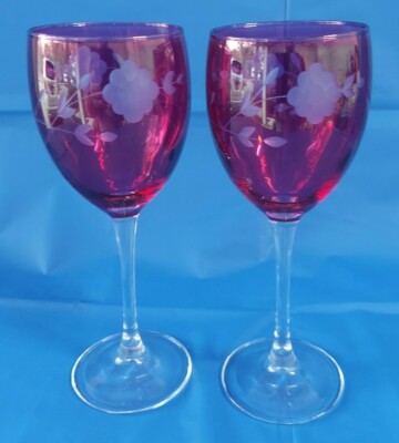 Bohemian Czech Cranberry/Red Cut To Clear Wine Glasses On Stem 7 3/4 '' Set Of 2 